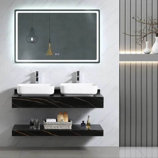 Professional Manufacture Modern Style Luxury Durable Wall Mount Marble Wash Basin Bathroom Vanity with LED Mirror Vanity Smart Cabinet